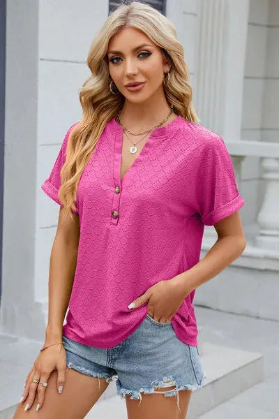 Eyelet Notched Short Sleeve T-Shirt Women's T-Shirts - Tophatter Daily Deals